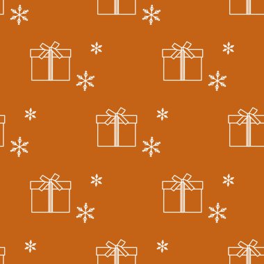 Hediye kutuları ile Seamless modeli şeritler ve kar taneleri ile bağlı. Tasarım kartpostal, davet, afiş için.