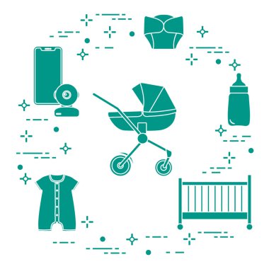 Bebekler için ürünler. Puset, beşik, Bebek telsizi, şişe, su geçirmez Külot, Tulum.