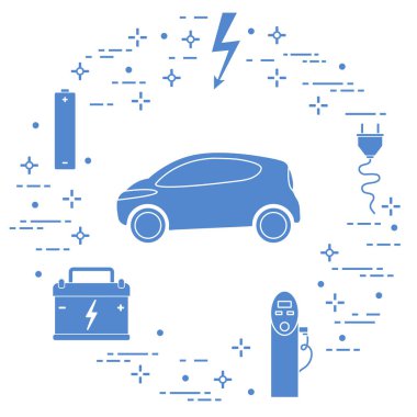 Elektrikli otomobil, pil, şarj istasyonu, elektrik güvenliği işareti, kablo, elektrik prizinden. Yeni ulaşım Çevre teknolojileri. 