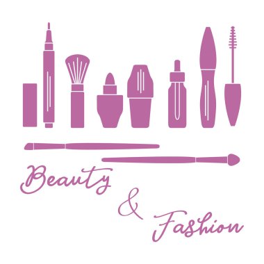 Makyaj. Dekoratif kozmetik Kozmetik yağı. Glamour moda moda stil. Göz kalemi, fırçalar, ruj, Kozmetik yağı, aplikatör, maskara.