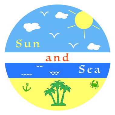 Güneş, bulutlar, kuşlar, deniz, dalgalar, plaj, çapa, yengeç, avuç içi. Tasarım, yazdırma için şablon.