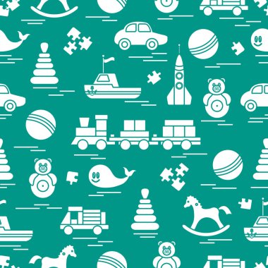 Çocuk oyuncakları ile Seamless modeli. Tren, otomobil, toplar, sallanan at, Roly, balina, bulmacalar, Piramit, tekne.