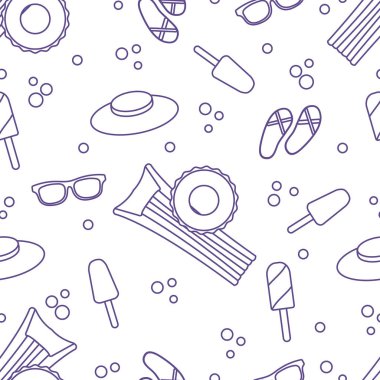 Şişme yatak, şişme daire, dondurma, şapka, Gözlük, plaj terlikleri ile Seamless modeli. Yaz dinlenme kavramı.