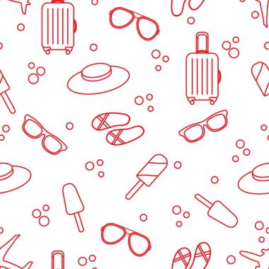 Bavul, dondurma, şapka, güneş gözlüğü, plaj terlikleri ile Seamless modeli. Yaz dinlenme kavramı.