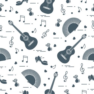 Fan, Ayakkabı, kastanyet, notlar, gitar ile Seamless modeli. Seyahat ve eğlence. İspanya'nın geleneksel semboller.