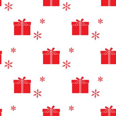 Hediye kutuları ile Seamless modeli şeritler ve kar taneleri ile bağlı. Tasarım kartpostal, davet, afiş için.
