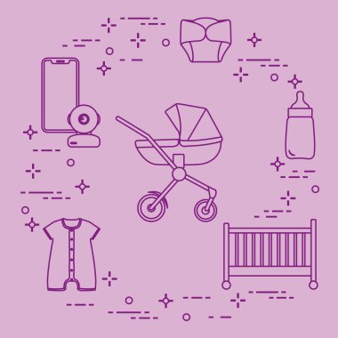 Bebekler için ürünler. Puset, beşik, Bebek telsizi, şişe, su geçirmez Külot, Tulum.