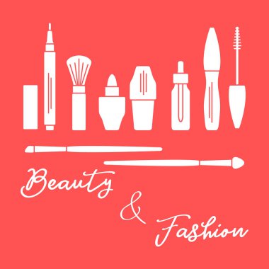 Makyaj. Dekoratif kozmetik Kozmetik yağı. Glamour moda moda stil. Göz kalemi, fırçalar, ruj, Kozmetik yağı, aplikatör, maskara.