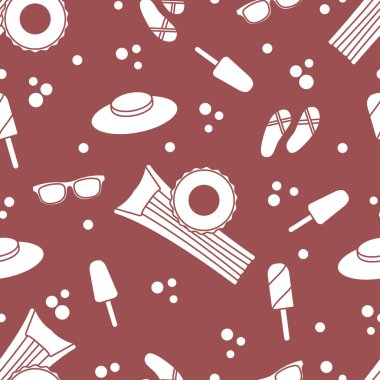 Şişme yatak, şişme daire, dondurma, şapka, Gözlük, plaj terlikleri ile Seamless modeli. Yaz dinlenme kavramı.