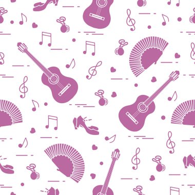 Fan, Ayakkabı, kastanyet, notlar, gitar ile Seamless modeli. Seyahat ve eğlence. İspanya'nın geleneksel semboller.