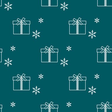 Hediye kutuları ile Seamless modeli şeritler ve kar taneleri ile bağlı. Tasarım kartpostal, davet, afiş için.