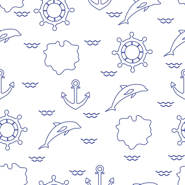 Seamless Pattern Dolphins Anchors Steering Wheels Waves Islands Summer Leisure — Stock Vector