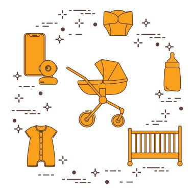 Bebekler için ürünler. Puset, beşik, Bebek telsizi, şişe, su geçirmez Külot, Tulum.