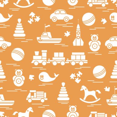 Çocuk oyuncakları ile Seamless modeli. Tren, otomobil, toplar, sallanan at, Roly, balina, bulmacalar, Piramit, tekne.