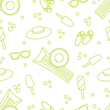 Şişme yatak, şişme daire, dondurma, şapka, Gözlük, plaj terlikleri ile Seamless modeli. Yaz dinlenme kavramı.