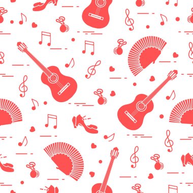 Fan, Ayakkabı, kastanyet, notlar, gitar ile Seamless modeli. Seyahat ve eğlence. İspanya'nın geleneksel semboller.