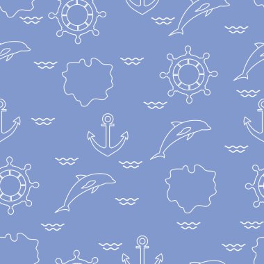 Yunuslar, çapa, direksiyon, dalgalar, Adaları ile Seamless modeli. Yaz eğlence.