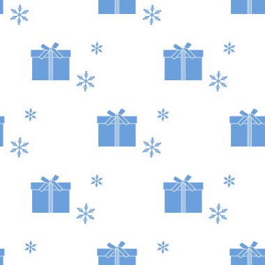 Hediye kutuları ile Seamless modeli şeritler ve kar taneleri ile bağlı. Tasarım kartpostal, davet, afiş için.