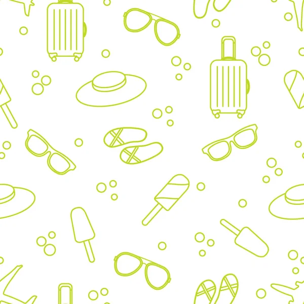 Bavul, dondurma, şapka, güneş gözlüğü, plaj terlikleri ile Seamless modeli. Yaz dinlenme kavramı.