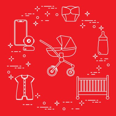 Bebekler için ürünler. Puset, beşik, Bebek telsizi, şişe, su geçirmez Külot, Tulum.