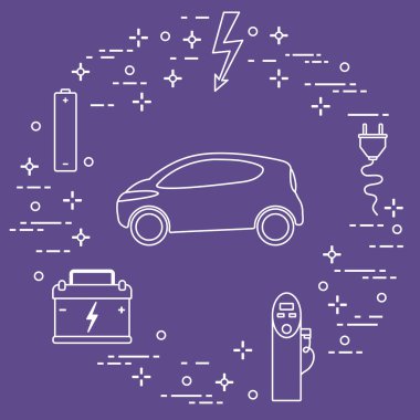 Elektrikli otomobil, pil, şarj istasyonu, elektrik güvenliği işareti, kablo, elektrik prizinden. Yeni ulaşım Çevre teknolojileri. 