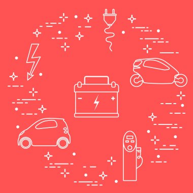 Elektrikli arabalar, pil, şarj istasyonu, elektrik güvenliği işareti, kablo, elektrik prizinden. Yeni ulaşım Çevre teknolojileri.