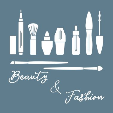 Makyaj. Dekoratif kozmetik Kozmetik yağı. Glamour moda moda stil. Göz kalemi, fırçalar, ruj, Kozmetik yağı, aplikatör, maskara.