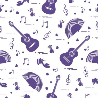 Fan, Ayakkabı, kastanyet, notlar, gitar ile Seamless modeli. Seyahat ve eğlence. İspanya'nın geleneksel semboller.