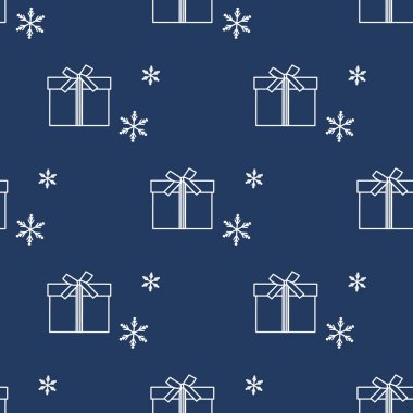 Hediye kutuları ile Seamless modeli şeritler ve kar taneleri ile bağlı. Tasarım kartpostal, davet, afiş için.