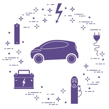 Elektrikli otomobil, pil, şarj istasyonu, elektrik güvenliği işareti, kablo, elektrik prizinden. Yeni ulaşım Çevre teknolojileri. 