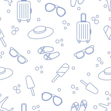 Bavul, dondurma, şapka, güneş gözlüğü, plaj terlikleri ile Seamless modeli. Yaz dinlenme kavramı.