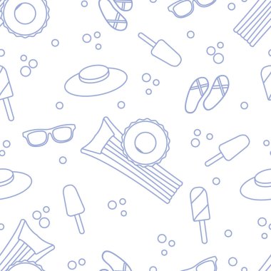 Şişme yatak, şişme daire, dondurma, şapka, Gözlük, plaj terlikleri ile Seamless modeli. Yaz dinlenme kavramı.