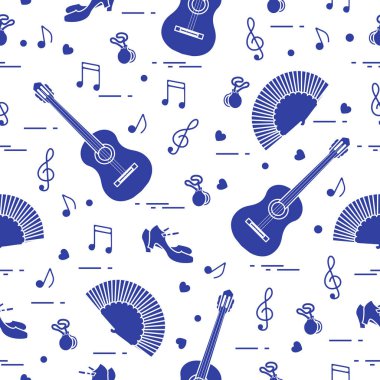 Fan, Ayakkabı, kastanyet, notlar, gitar ile Seamless modeli. Seyahat ve eğlence. İspanya'nın geleneksel semboller.