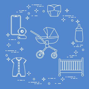 Bebekler için ürünler. Puset, beşik, Bebek telsizi, şişe, su geçirmez Külot, Tulum.