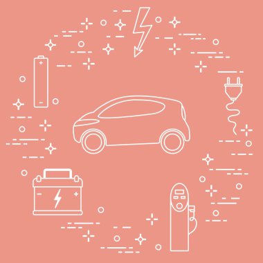 Elektrikli otomobil, pil, şarj istasyonu, elektrik güvenliği işareti, kablo, elektrik prizinden. Yeni ulaşım Çevre teknolojileri. 