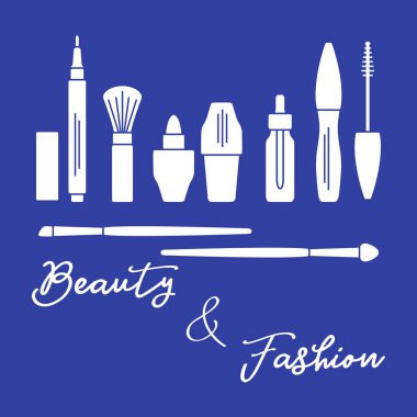 Makyaj. Dekoratif kozmetik Kozmetik yağı. Glamour moda moda stil. Göz kalemi, fırçalar, ruj, Kozmetik yağı, aplikatör, maskara.