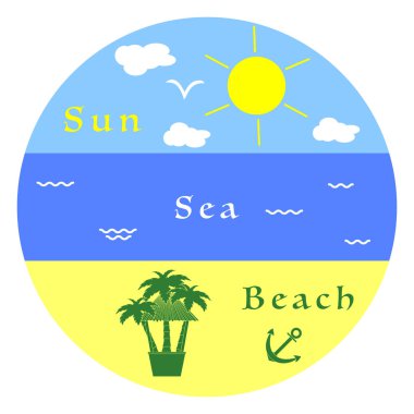 Güneş, bulutlar, kuş, deniz, dalgalar, plaj, çapa, avuç içi, bar. Yaz eğlence.