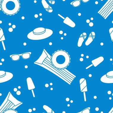 Şişme yatak, şişme daire, dondurma, şapka, Gözlük, plaj terlikleri ile Seamless modeli. Yaz dinlenme kavramı.