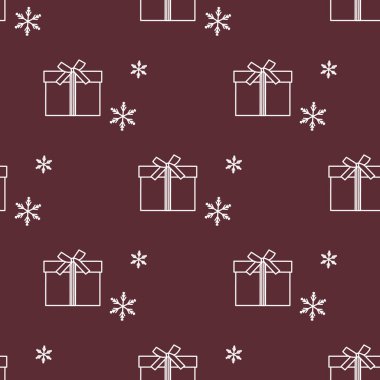 Hediye kutuları ile Seamless modeli şeritler ve kar taneleri ile bağlı. Tasarım kartpostal, davet, afiş için.