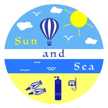 Güneş, bulutlar, kuşlar, deniz, dalgalar, plaj, maske, Tüp, palet, oksijen tüpü, balon hava. Tasarım, yazdırma için şablon.