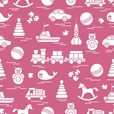 Çocuk oyuncakları ile Seamless modeli. Tren, otomobil, toplar, sallanan at, Roly, balina, bulmacalar, Piramit, tekne.