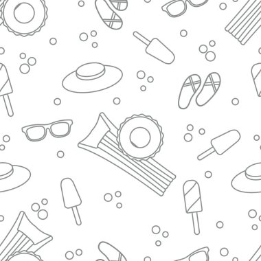 Şişme yatak, şişme daire, dondurma, şapka, Gözlük, plaj terlikleri ile Seamless modeli. Yaz dinlenme kavramı.