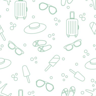 Bavul, dondurma, şapka, güneş gözlüğü, plaj terlikleri ile Seamless modeli. Yaz dinlenme kavramı.