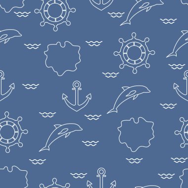 Yunuslar, çapa, direksiyon, dalgalar, Adaları ile Seamless modeli. Yaz eğlence.