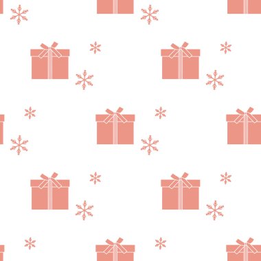 Hediye kutuları ile Seamless modeli şeritler ve kar taneleri ile bağlı. Tasarım kartpostal, davet, afiş için.