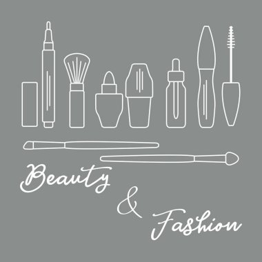 Makyaj. Dekoratif kozmetik Kozmetik yağı. Glamour moda moda stil. Göz kalemi, fırçalar, ruj, Kozmetik yağı, aplikatör, maskara.