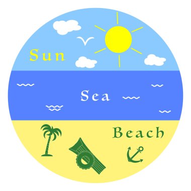 Güneş, bulutlar, kuş, deniz, dalgalar, plaj, şişme yatak, şişme daire, çapa, palmiye. Yaz eğlence.