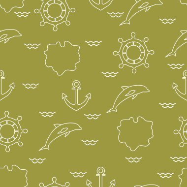 Yunuslar, çapa, direksiyon, dalgalar, Adaları ile Seamless modeli. Yaz eğlence.