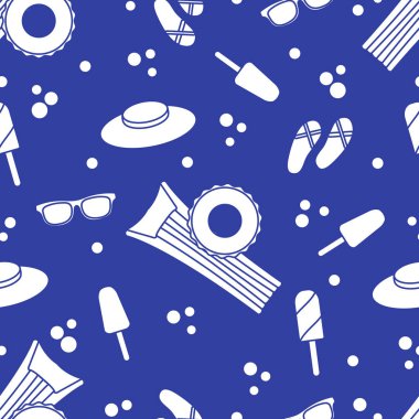 Şişme yatak, şişme daire, dondurma, şapka, Gözlük, plaj terlikleri ile Seamless modeli. Yaz dinlenme kavramı.