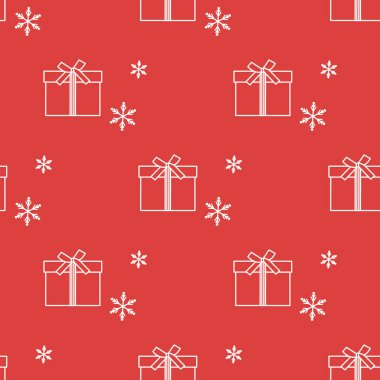Hediye kutuları ile Seamless modeli şeritler ve kar taneleri ile bağlı. Tasarım kartpostal, davet, afiş için.